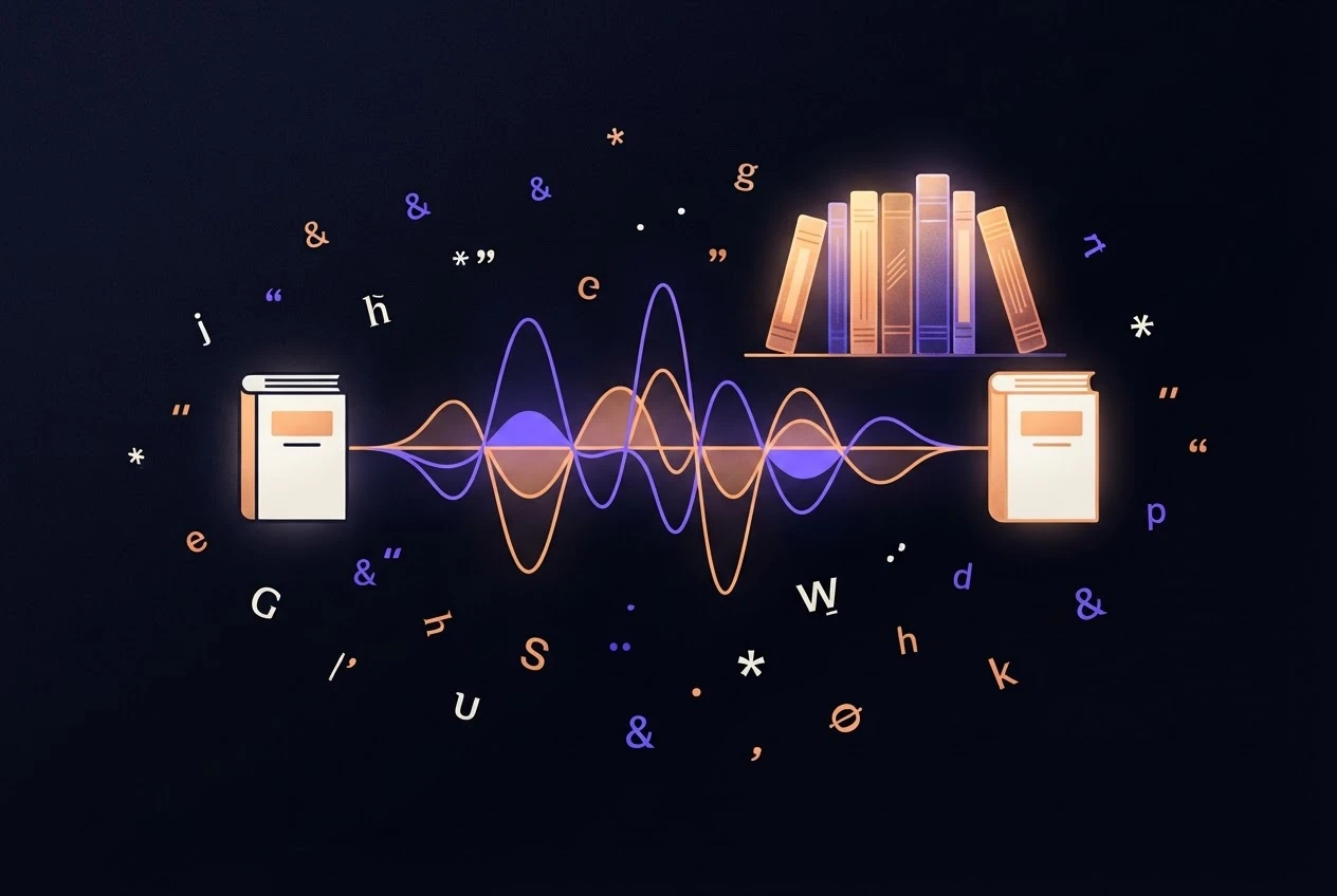 Illustration of a book transforming into a sound wave and back into a book