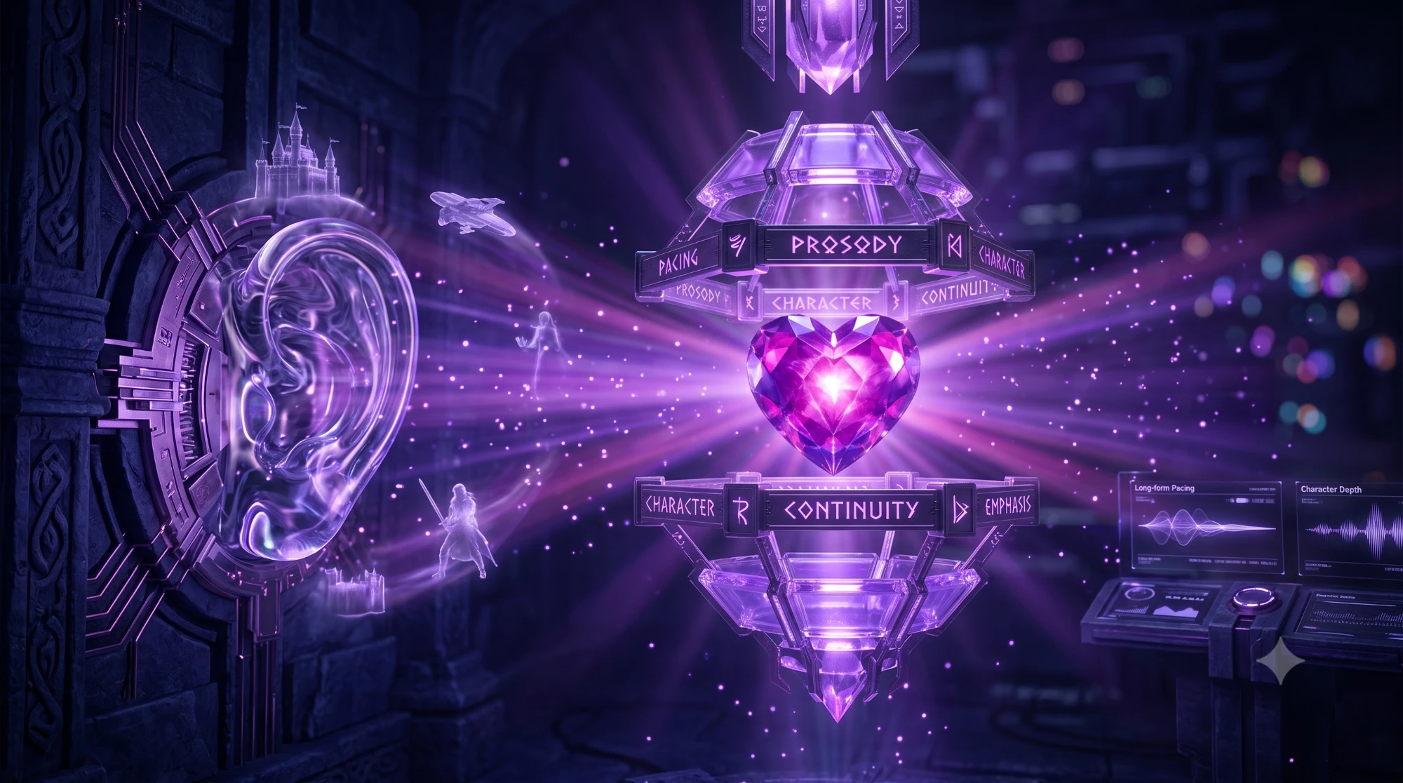 A crystal heart suspended in an ancient machine, ringed by bands engraved with prosody, pacing, character, and continuity, while a carved ear listens