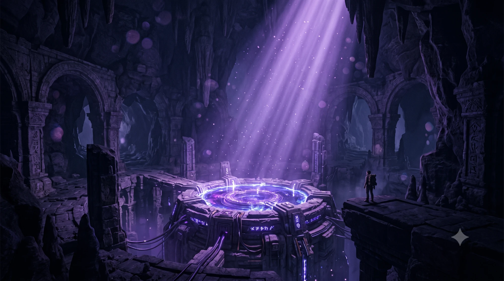 A drowned library cavern lit from below by a moonlit pool, stone shelves running away into the dark