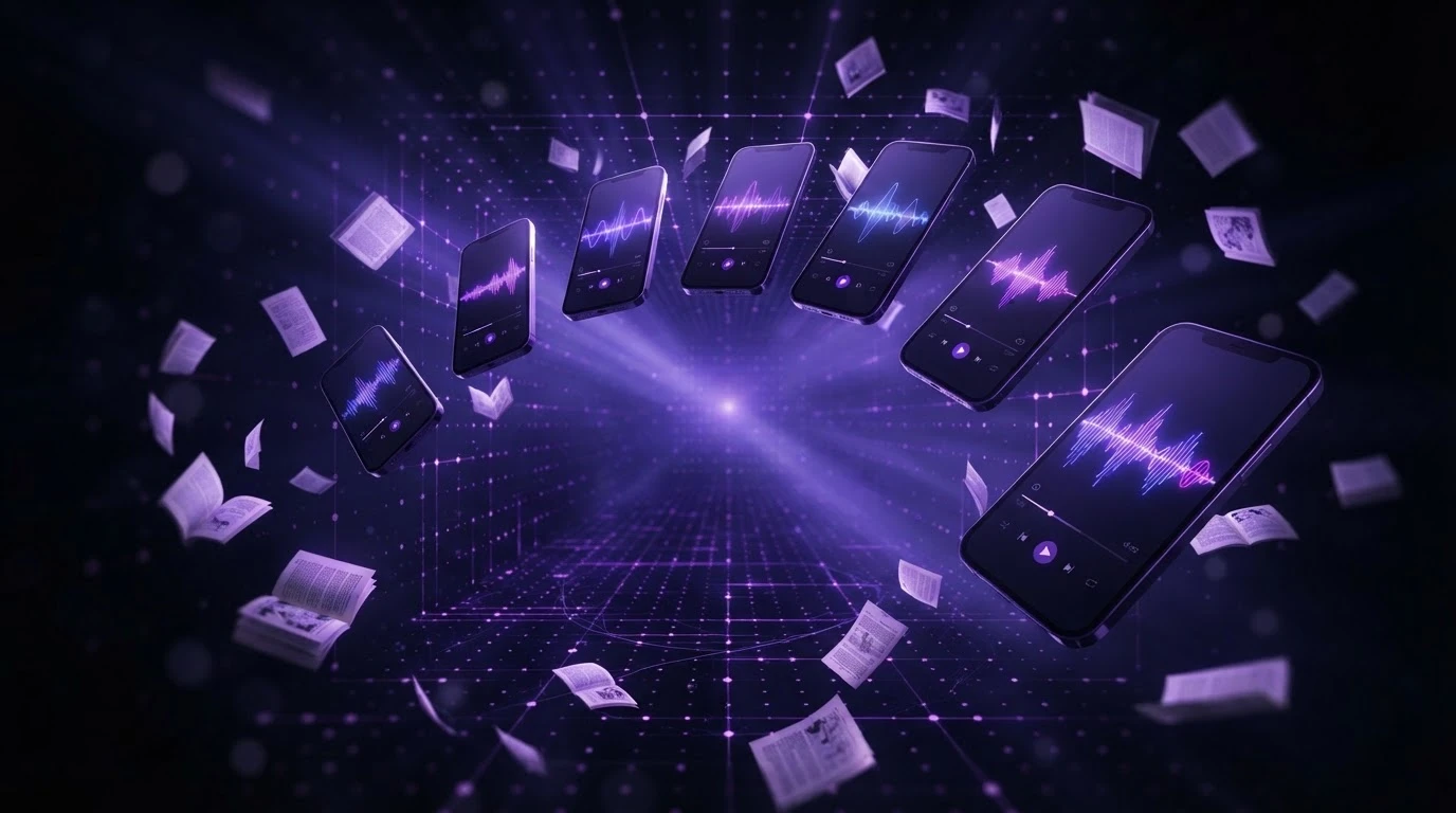 Phones displaying audio waveforms surrounded by flying book pages