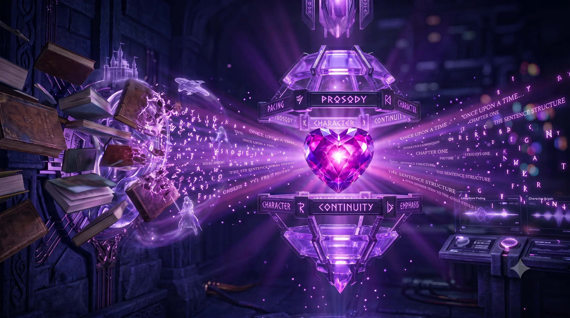 Books streaming into a glowing crystal heart engine that transforms them into flowing runes of narrated text